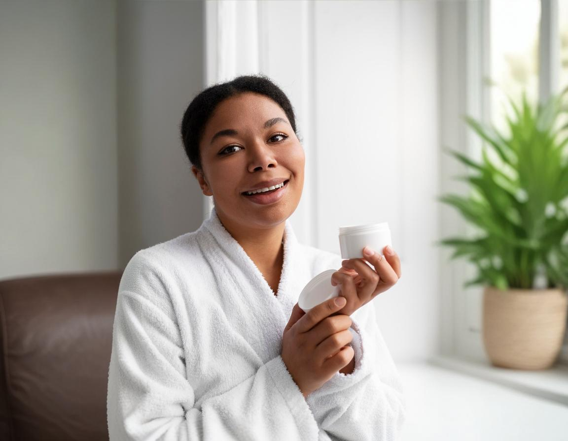 Femme à peau noire appliquant des cosmétiques naturels sur son visage