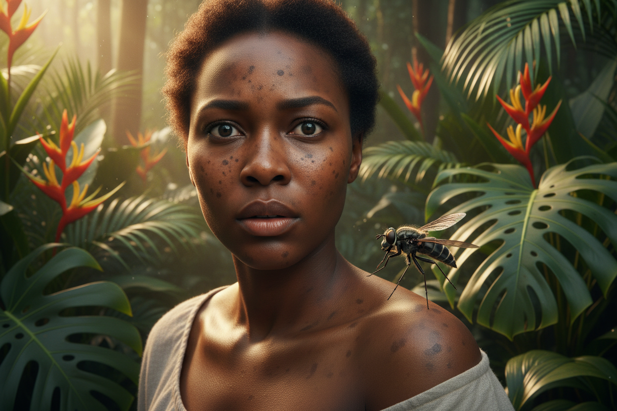 Femme à peau noire inquiète face aux insectes piqueurs en Guyane, illustrant le risque de taches brunes et d'hyperpigmentation post-inflammatoire