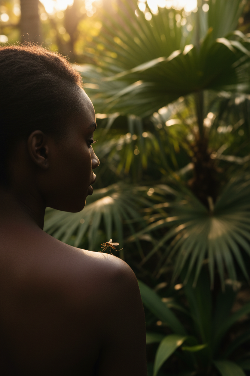 Femme à peau noire se faisant piquer par un moustique en Martinique, illustrant le risque d'hyperpigmentation post-inflammatoire