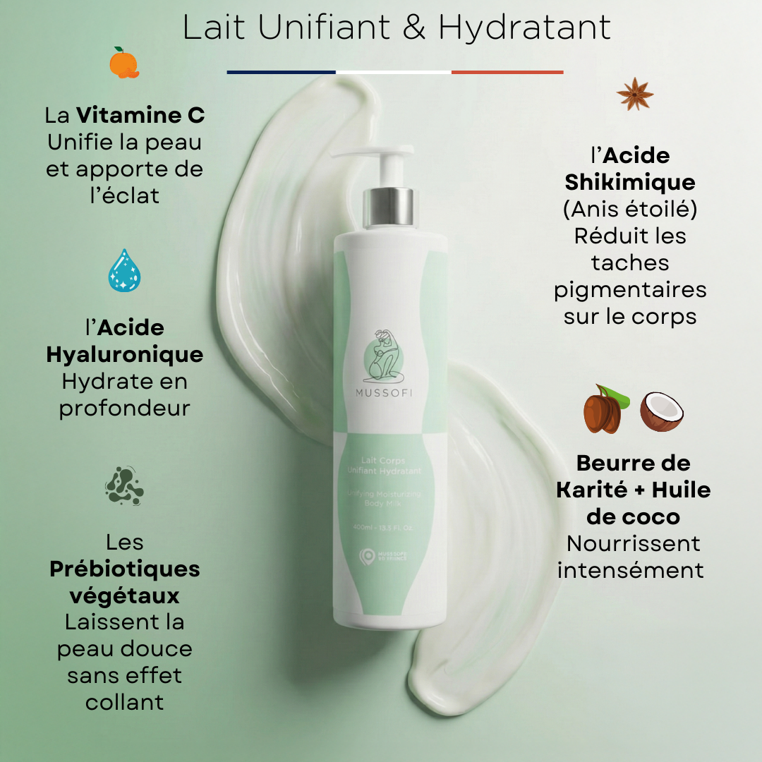 Lait corps unifiant hydratant anti-taches pour peau noire et métissée MUSSOFI - Texture légère non grasse