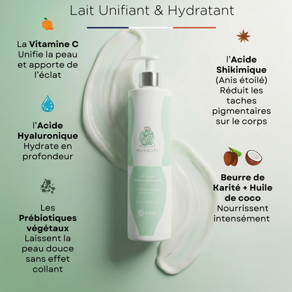 Lait corps unifiant hydratant anti-taches pour peau noire et métissée MUSSOFI - Texture légère non grasse